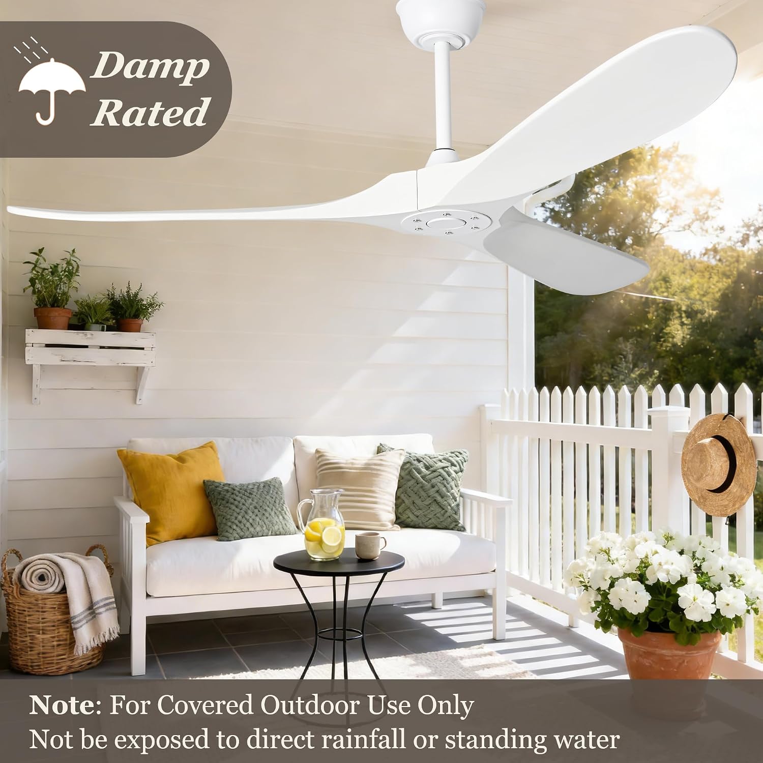 52 Inch White Ceiling Fan No Light, 3 Blade Wood Outdoor Ceiling Fans for Patios Gazebo Porch Living Room, Reversible Modern Wet Rated Indoor Ceiling Fan without Lights with Remote