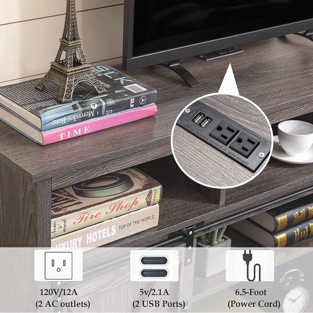 Vinctik 6&Fox 57In Wooden Farmhouse Entertainment Center for 60/65 inch TV,Double Layer Storage Farmhouse TV Stand,Double-Row Sockets with Wood Sliding Barn Door TV Stand(Double Layer Grey Wash)