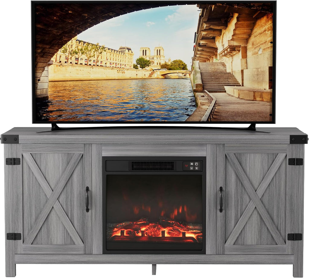 JUMMICO Fireplace TV Stand, Farmhouse Entertainment Center with Fireplace and Shelves, Double Barn Doors Storage Cabinets for TVs to 65+ Inch for Living Room (Grey)