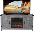 JUMMICO Fireplace TV Stand, Farmhouse Entertainment Center with Fireplace and Shelves, Double Barn Doors Storage Cabinets for TVs to 65+ Inch for Living Room (Grey)