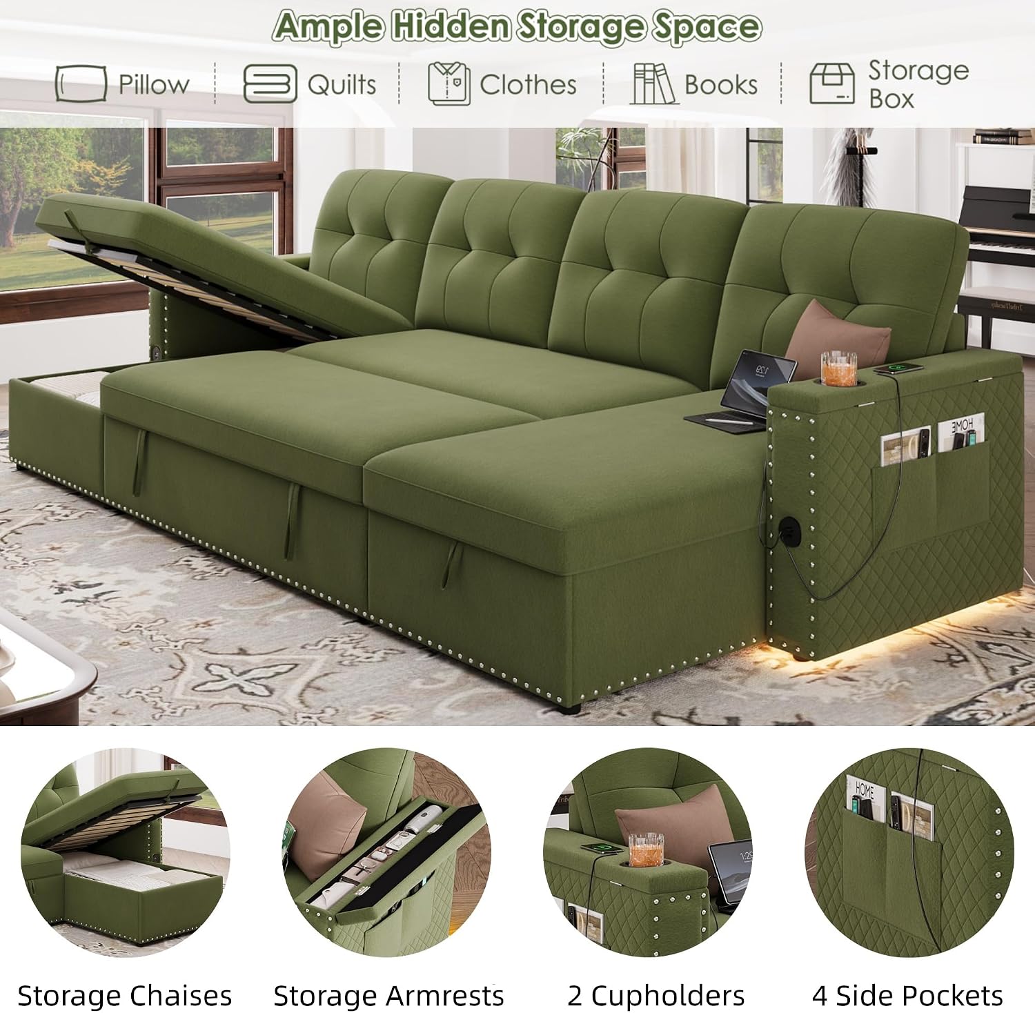 HIFIT 106' Sectional Couches for Living Room- Pull Out Sleeper Sofa Couch w/Storage Chaise,Storage Armrest,LED Light&USB Port&Cupholder,Modern Velvet U Shaped Home Sofa Living Room Furniture Set,Green