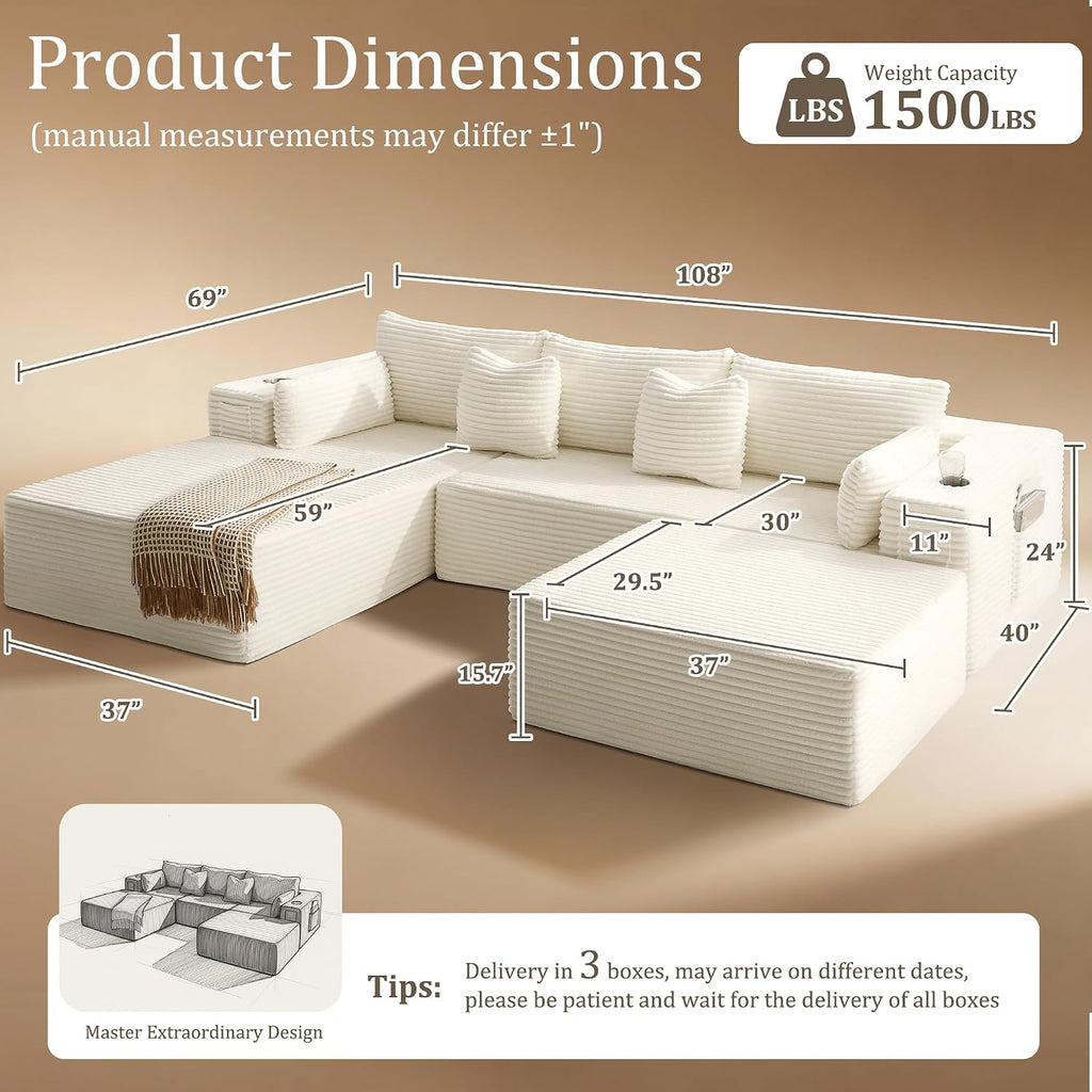 108' Cloud Sectional Couch, Comfort U Shaped Sofa for Living Room, Extra Deep Seats No Assembly, Minimalist Modular Couch, Corduroy (Cream, 2 Seater+Left Facing Chaise+Ottoman)