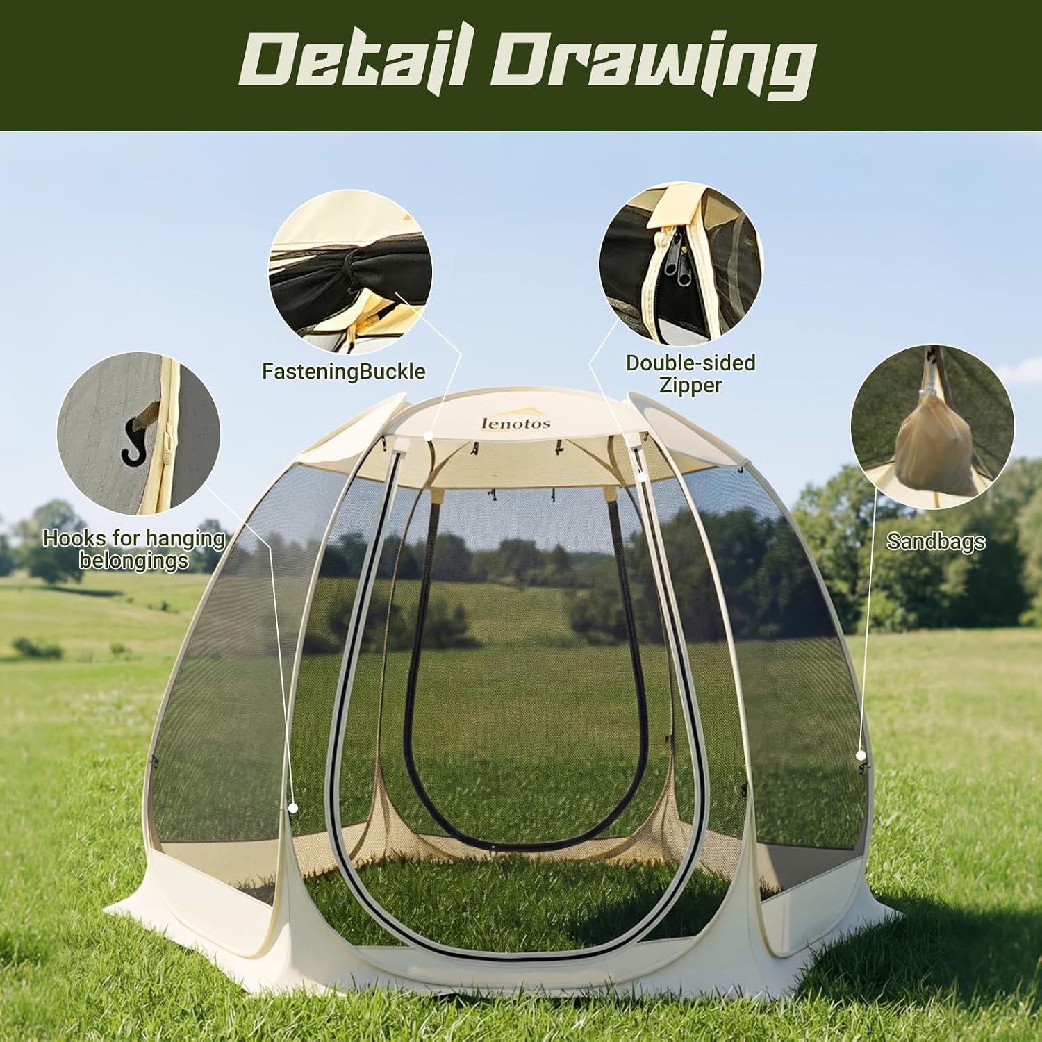 Lenotos Pop Up Screen House, 10'x10' Outdoor Screen Tent for Camping, Screened Gazebo with Mosquito Netting, Carry Bag