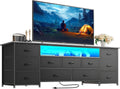 Huuger 63 Inch TV Stand for 65, 70 Inch TV, 11 Drawer Long Dresser with Power Outlets and LED Lights, Entertainment Center with Storage, Grey Dresser with PU Leather Surface