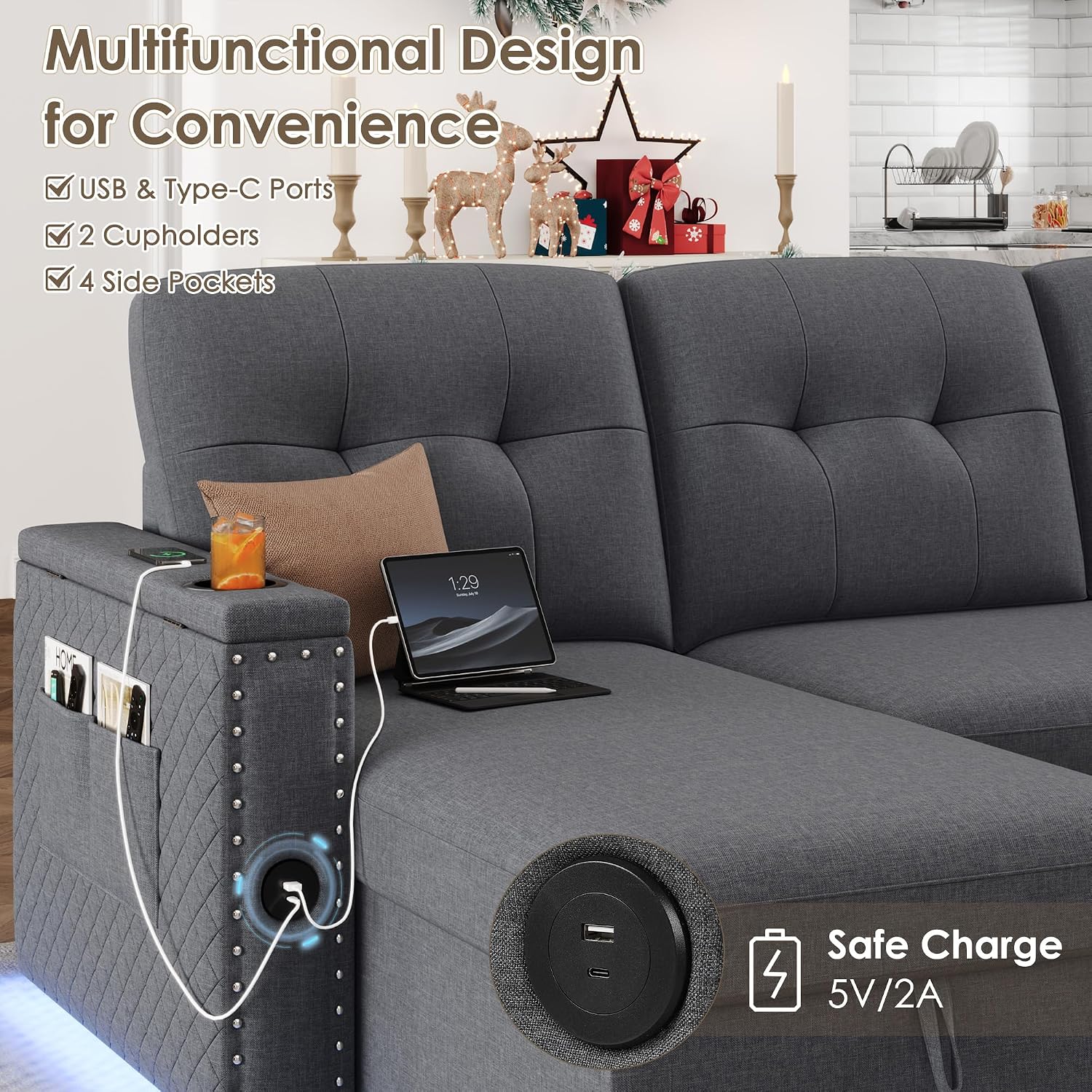 HIFIT 106' Sectional Couches for Living Room- Pull Out Sleeper Sofa Couch w/Storage Chaise,Storage Armrest,LED Light&USB Port&Cupholder, Modern Linen U Shaped Home Sofa Living Room Furniture Set, Grey