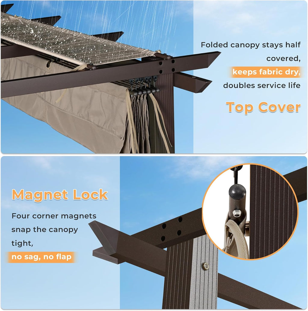 HAPPATIO 10' X 13' Retractable Pergola with Sun Shade Canopy, Patio Aluminum Frame Shelter for Backyards, Gardens, Porch, Includes Ground Studs and Expansion Screws (Brown)
