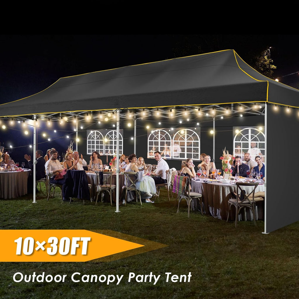 HOTEEL 10x30 Heavy Duty Pop Up Canopy Tent with 5 Sidewalls&Wheeled Bag, Commercial Event Party Tent Wedding Instant Canopy Waterproof, Upgraded Thicked Hexagonal Legs, UV 50+, Black