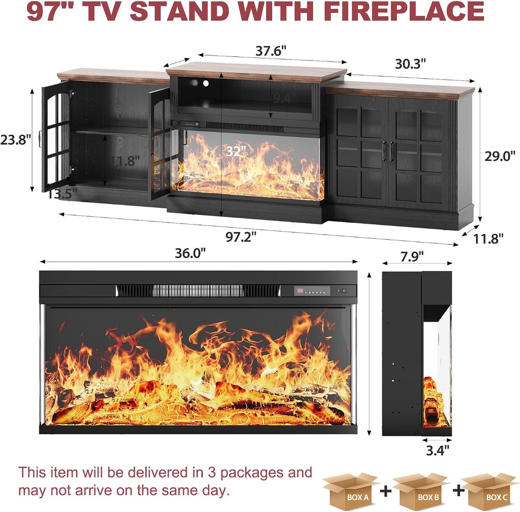 97' Fireplace TV Stand with 36' Electric Fireplace, Farmhouse Entertainment Center for TVs up to 100', Media Console Table with Large Storage Cabinets, for Living Room, Black