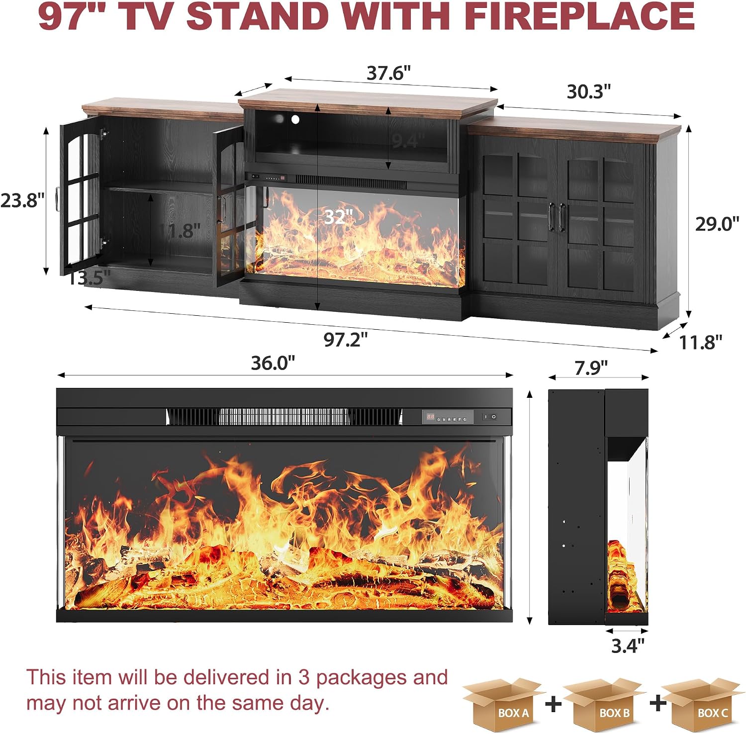 97' Fireplace TV Stand with 36' Electric Fireplace, Farmhouse Entertainment Center for TVs up to 100', Media Console Table with Large Storage Cabinets, for Living Room, Black