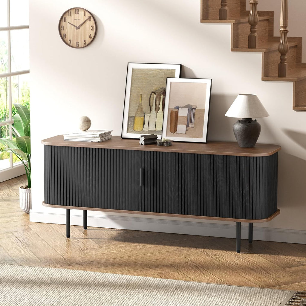 Befrases 55''W Modern TV Stand Cabinet with Storage for TVs up to 60 Inch, Fluted TV Entertainment Center with Slatted Tambour Doors, Media Console for Living Room, Entryway, Black