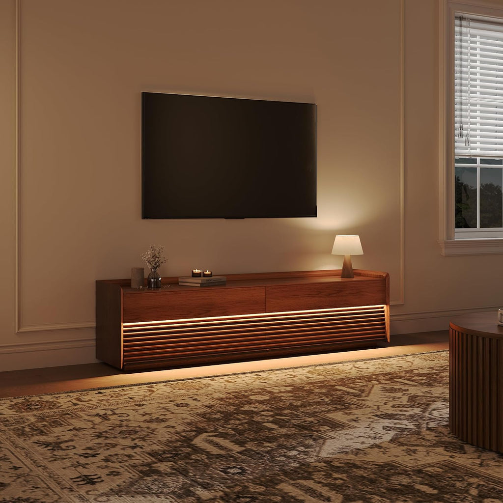POVISON Fully-Assembled Mid Century Modern TV Stand, 70.87' Wood Media Console with Adjustable LED Light, Entertainment Center with Storage for Living Room
