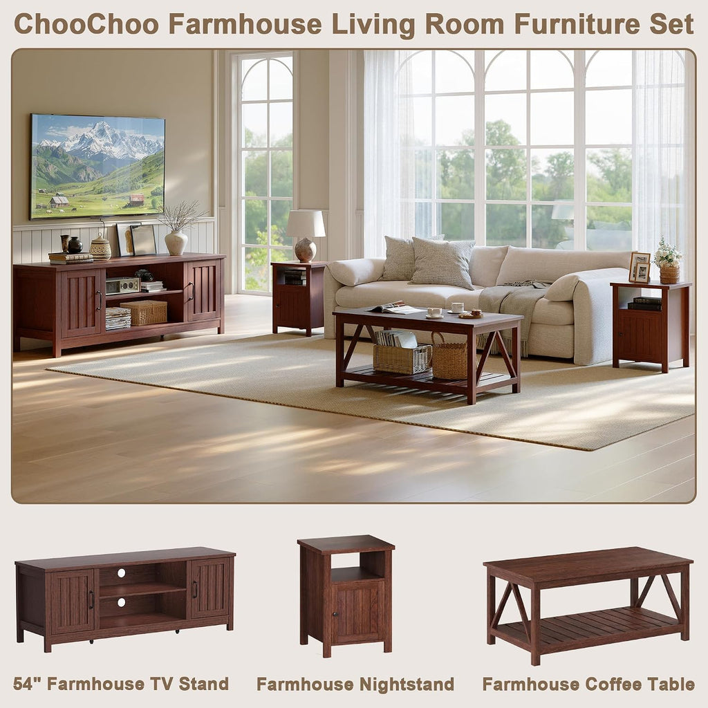 ChooChoo 54' Farmhouse TV Stand for TVs up to 65 inches, Entertainment Center with Storage Cabinets, Open Shelves and Fluted Door, TV Console Table for Living Room, Bedroom, Walnut