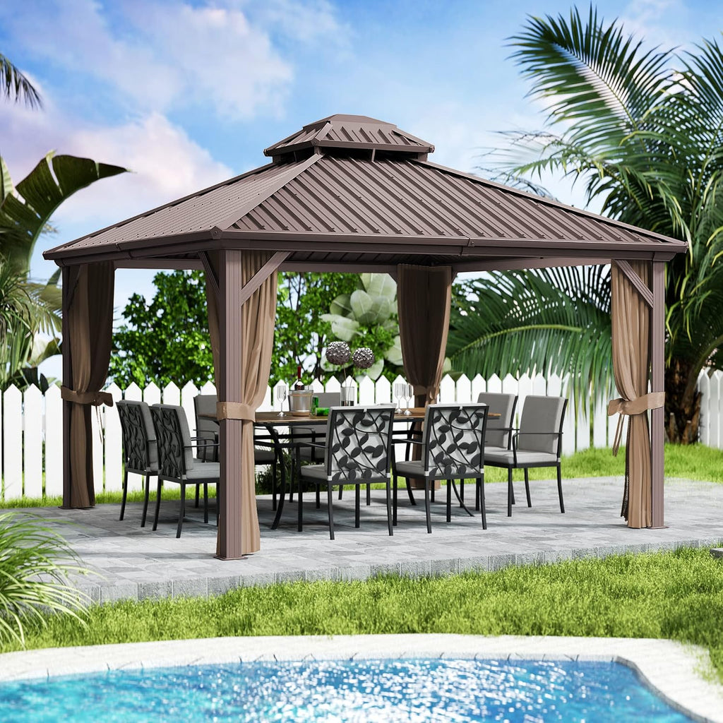 Kozyard Caesar 12'x12' Hardtop Gazebo - Permanent Metal Pavilion with Netting and Shaded Curtains for Patio, Backyard, and Deck - Galvanized Steel Outdoor Aluminum Canopy, Double Roof Gazebo (Brown)
