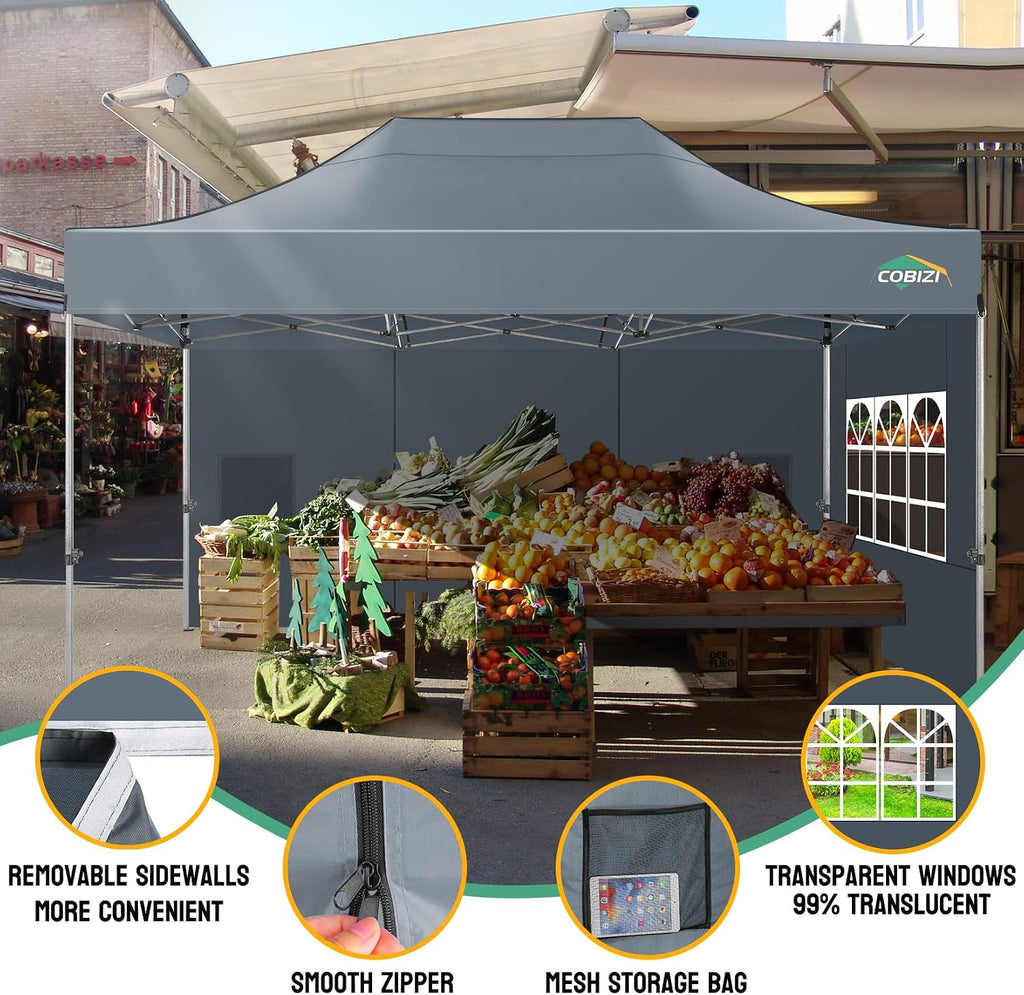 COBIZI 10x15 Heavy Duty Pop Up Canopy Tent with 4 Sidewalls Thicken Frame, Commercial Easy Up Outdoor Wedding Party Tents, All Season Waterproof Windproof with Stakes Sandbags Ropes Bag, Gray