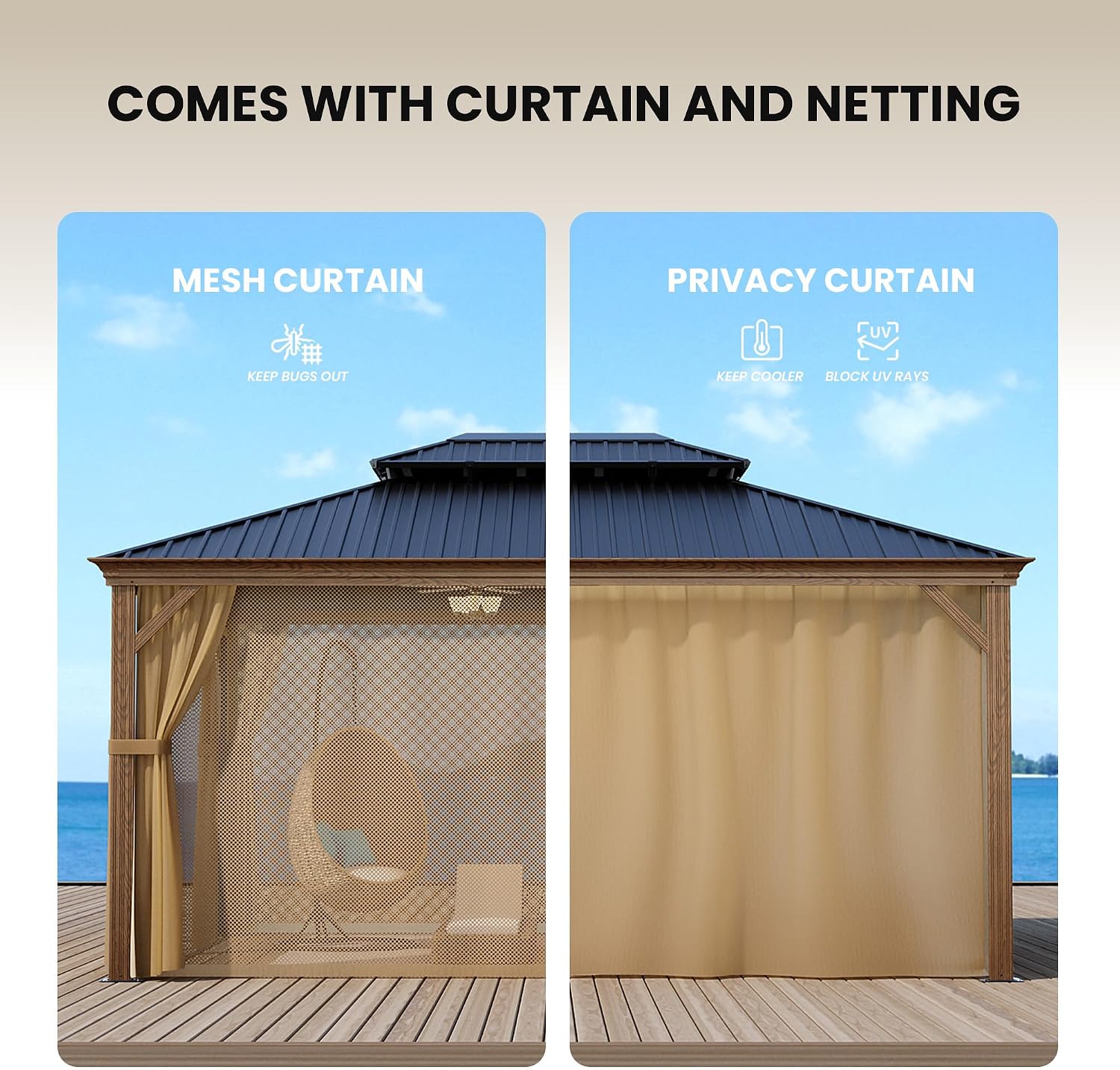 SUNBURY 10'x 12' Hardtop Gazebo, Double Roof Metal Gazebo, Outdoor Aluminum Frame Gazebos with Mosquito Netting and Privacy Screen for Patio, Backyard, Lawn, Garden, Deck, Wooden Look (Black Walnut)