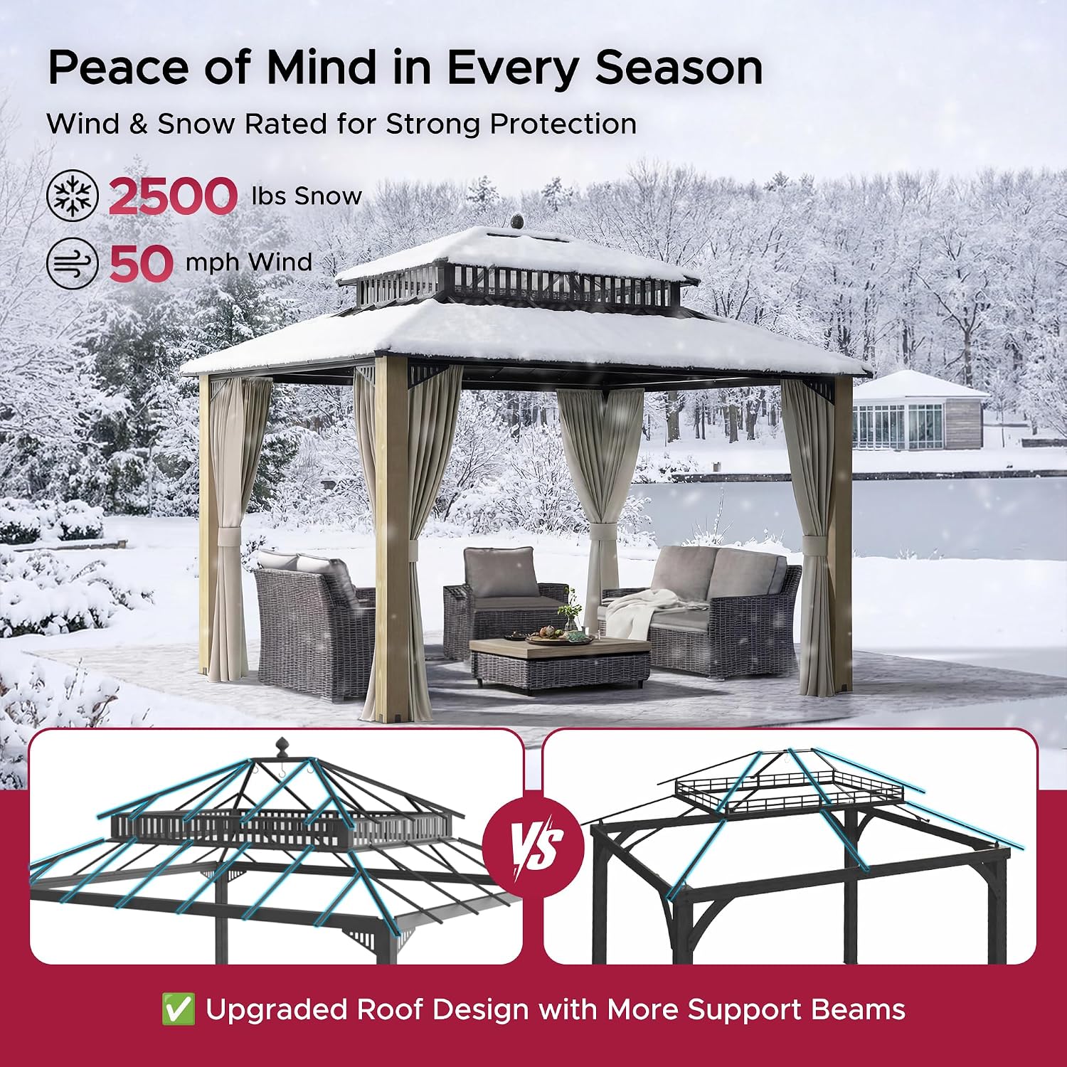 SUNJOY Kingston 12' x 10' Hardtop Wood Gazebo with Galvanized Steel/Polycarbonate Double Roof, Curtain and Netting, Cedar Posts Permanent Pavilion Gazebo for Garden, Patio, Deck, Lawn