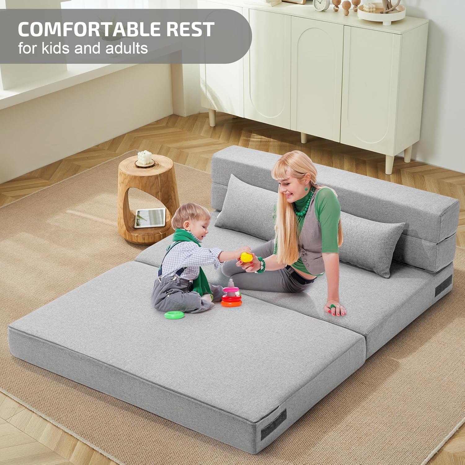 SUYOLS Folding Sofa Bed with Pillows- Convertible Chair Floor Couch & Sleeping Mattress, Foldable Memory Foam Sleeper for Living Room/Dorm/Guest Room/Home Office/Apartment/Loft, Full, Light Gray