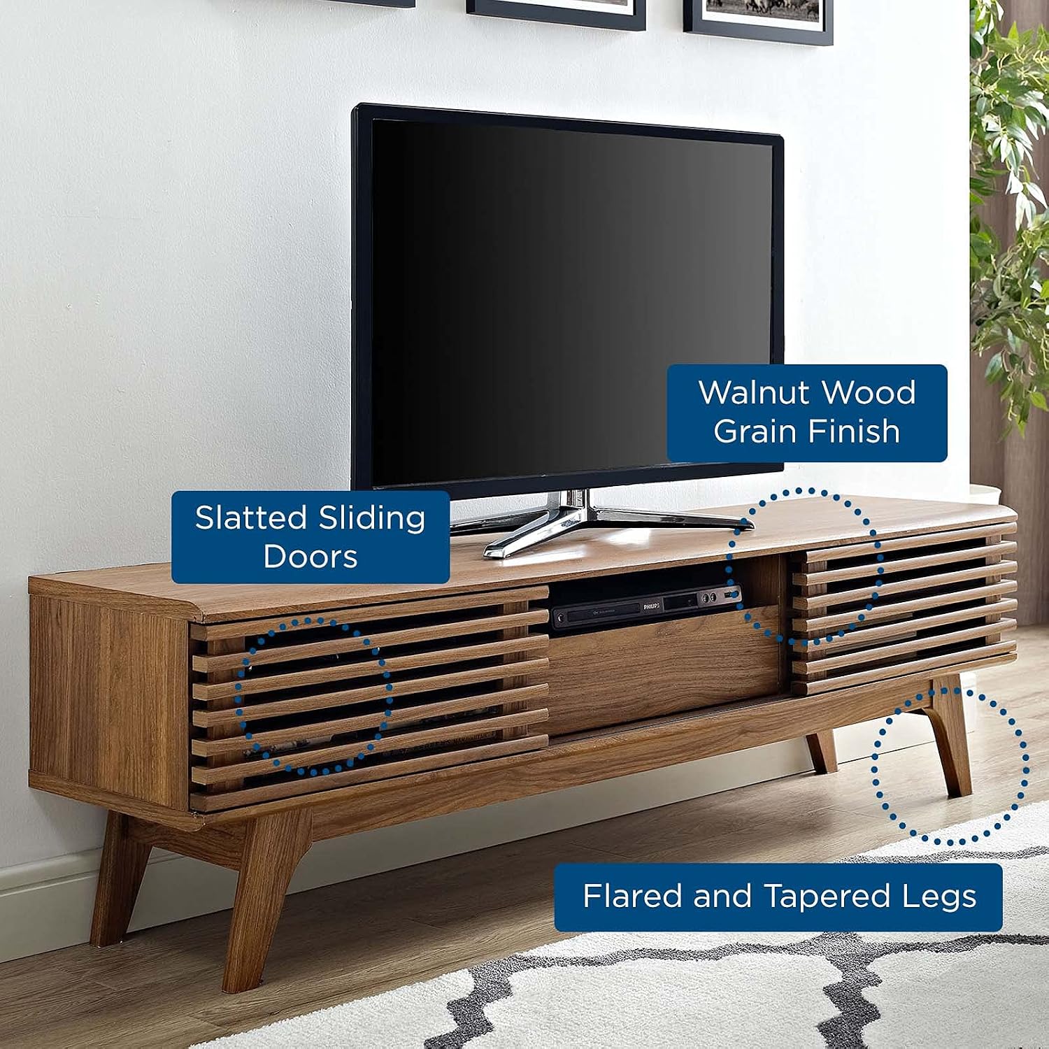 Modway Render Mid-Century Modern Low Profile 59 Inch TV Stand in Walnut