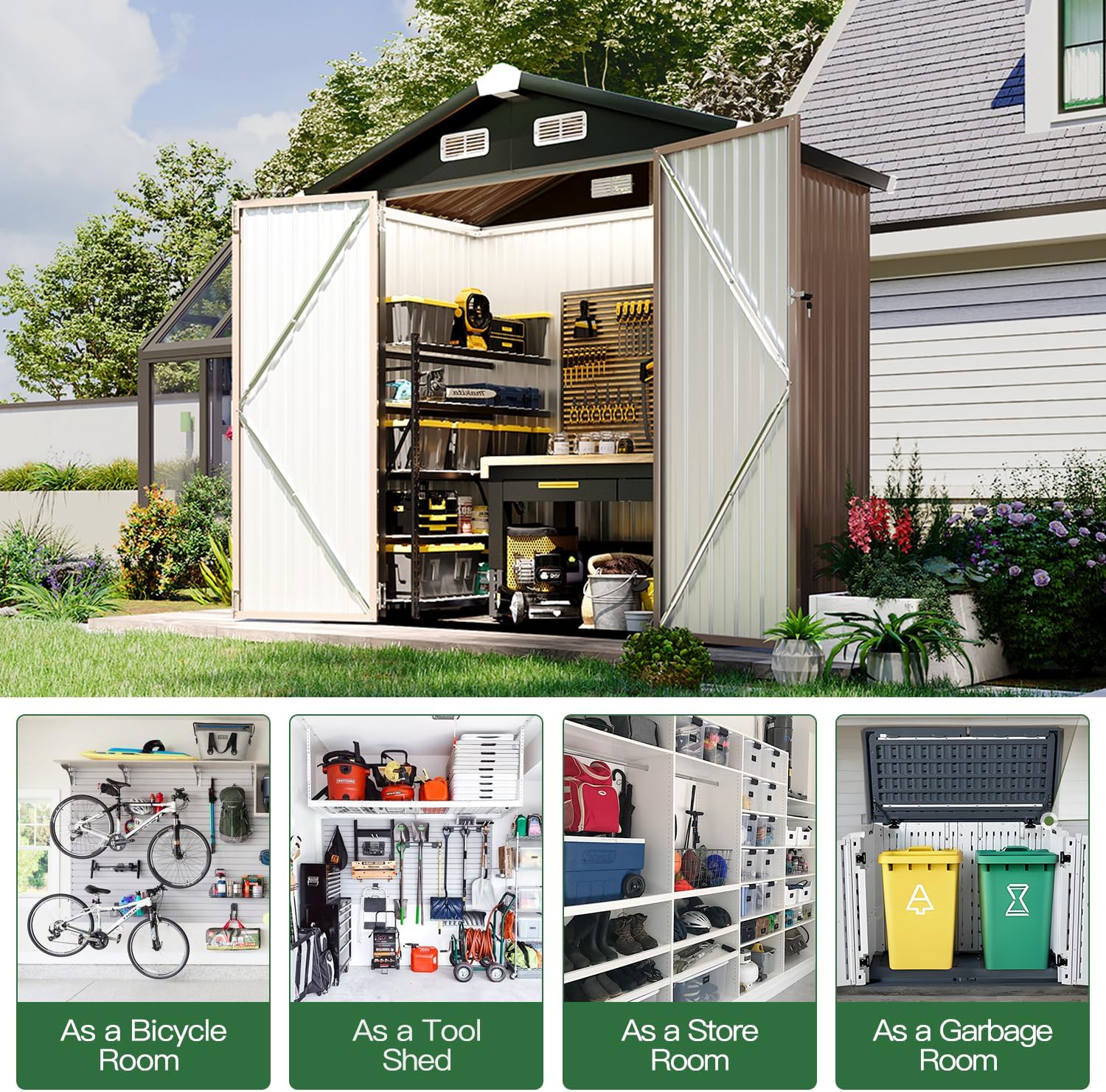 4.6 x 2.5 FT Outdoor Metal Storage Shed – Ideal for Garbage Cans, Tools, Garden Equipment, and Bikes – Brown