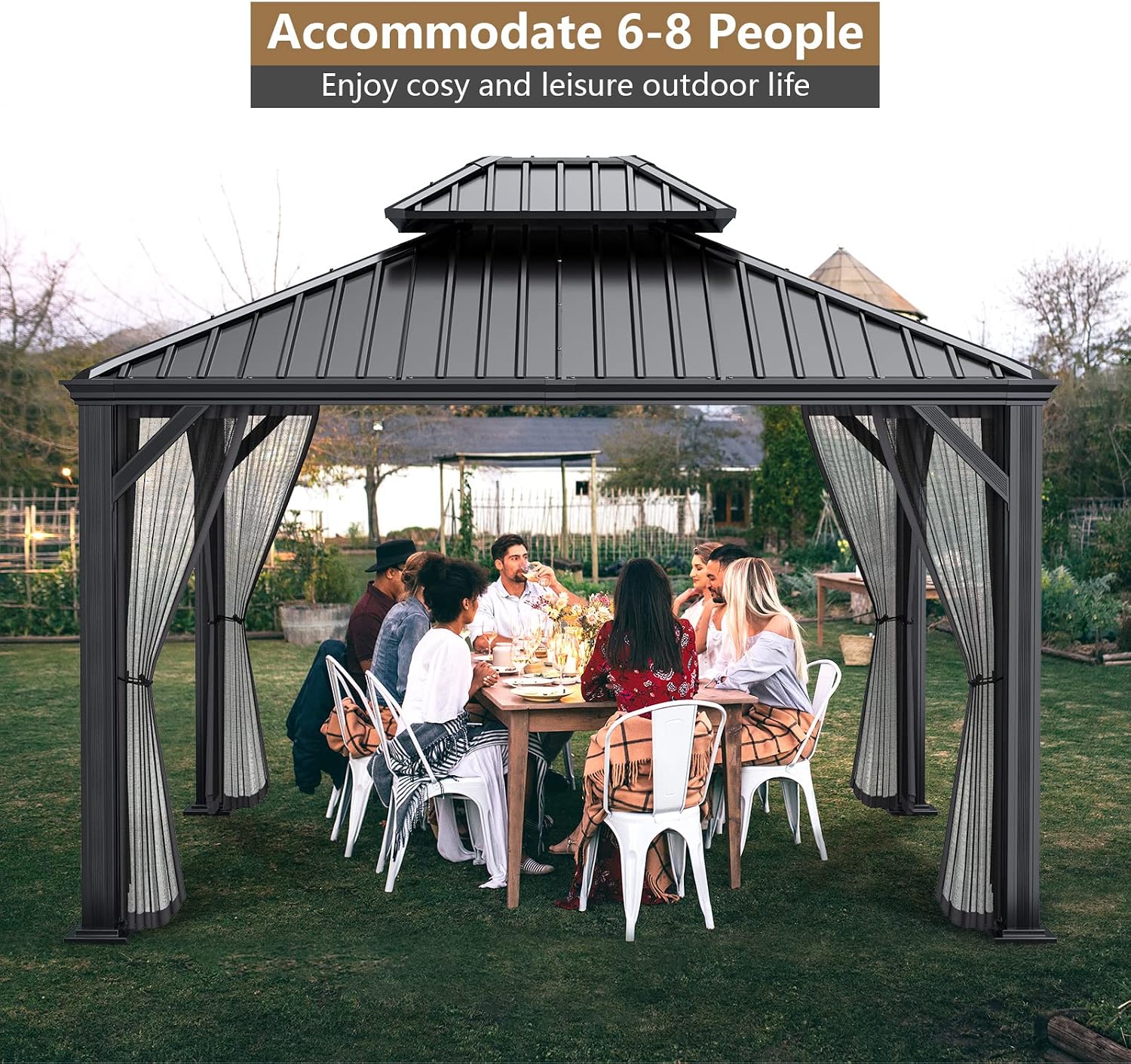Tangkula 12ft x 10ft Hardtop Gazebo, 2-Tier Outdoor Gazebo w/Double Vented Roof & Central Hook, Galvanized Steel Frame Patio Sun Shelter for Lawn Backyard Poolside Deck (Grey)