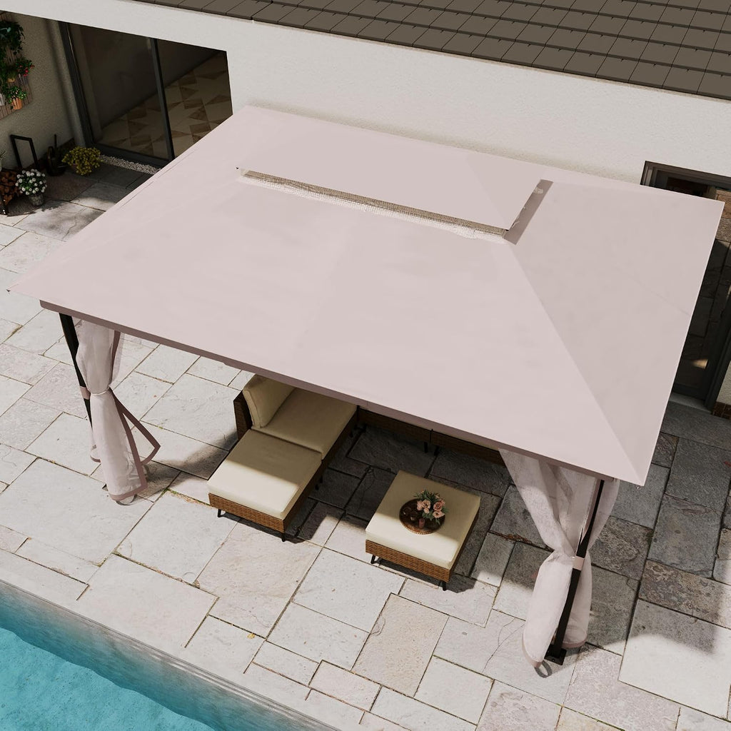 LAUSAINT HOME 10' X 13' Waterproof Patio Gazebo with Mosquito Netting, Double Roof Outdoor Gazebo Pavilion Shelter for Backyard, Garden, Lawn, Wedding (Khaki)