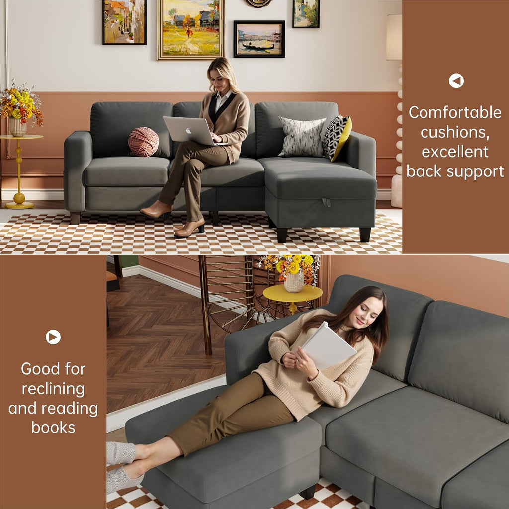 Youmumeub Sectional Couches for Living Room - Convertible Sofa and Storage Bench,79''Modern Corner Configuration,Suitable for Living Room, Apartment, Bedroom and Office-Blue-Gray | Washable Covers, Modular Sofa