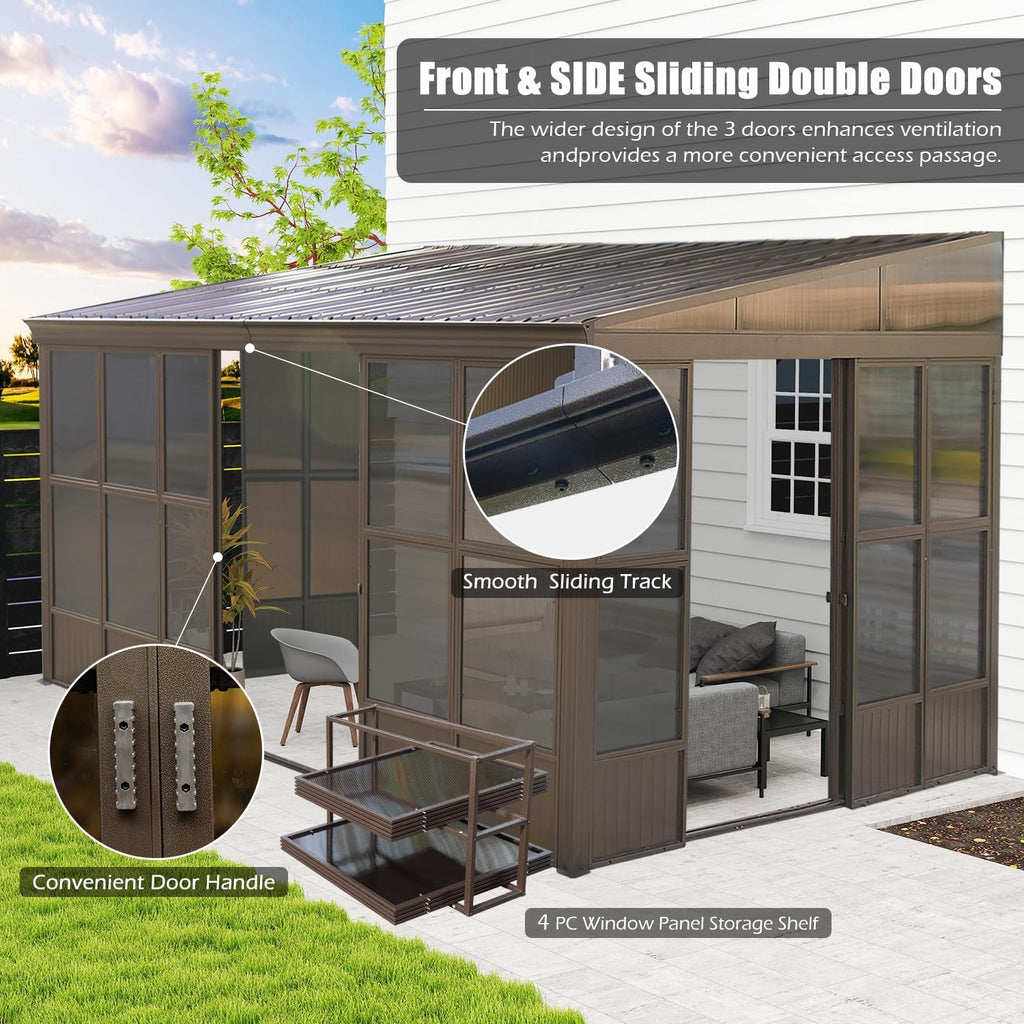 Domi 12x16FT Wall Mounted Sunroom,Solarium Aluminum Enclosed Gazebo with Hard Walls,Front Door&Side Entrance,Galvanized Steel Sloping Roof&Detachable PC Screen,Lean to Gazebo Sun Room for Patio Deck