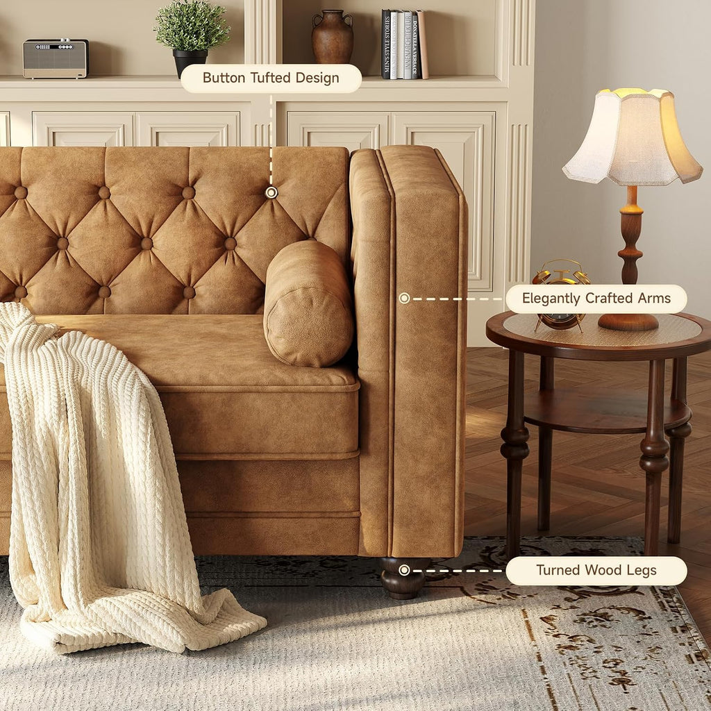 ONBRILL 79'' Faux Leather Couch for Living Room, Comfy Chesterfield Button-Tufted Sofa with 2 Bolster Pillows and Wood Legs, Mid-Century Modern Deep Seat Couch for Apartment, Office, Caramel