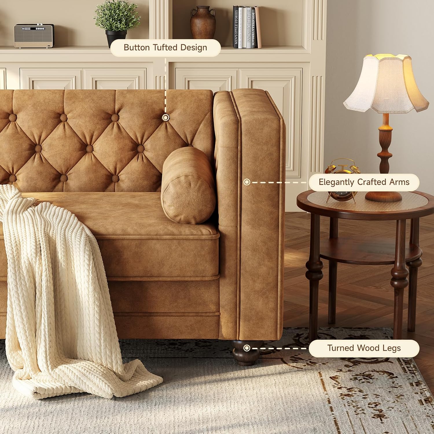 ONBRILL 79'' Faux Leather Couch for Living Room, Comfy Chesterfield Button-Tufted Sofa with 2 Bolster Pillows and Wood Legs, Mid-Century Modern Deep Seat Couch for Apartment, Office, Caramel