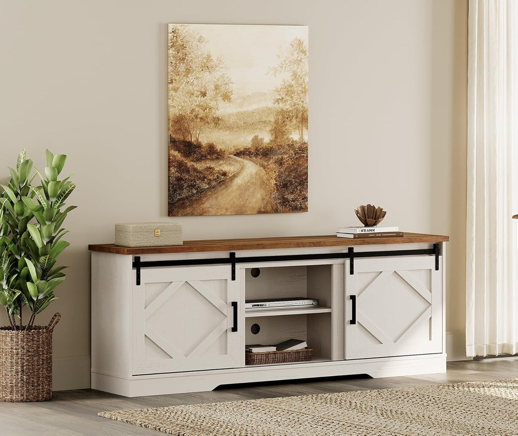 WAMPAT Modern Farmhouse TV Stand for TVs up to 75' with Sliding Barn Doors, 25.6' H Wood Entertainment Center with Adjustable Media Storage Shelf for Living Room, Antique White