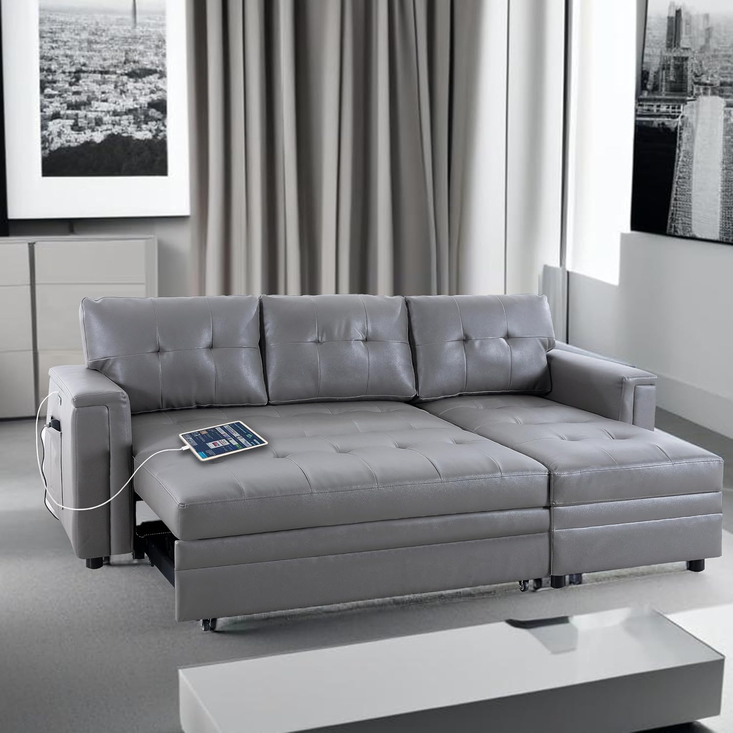 Naomi Home L-Shaped Sectional Sleeper Sofa with USB Ports - Convertible Pull-Out Bed, Ample Storage, Timeless Design, Durable Construction Gray/Air Leather