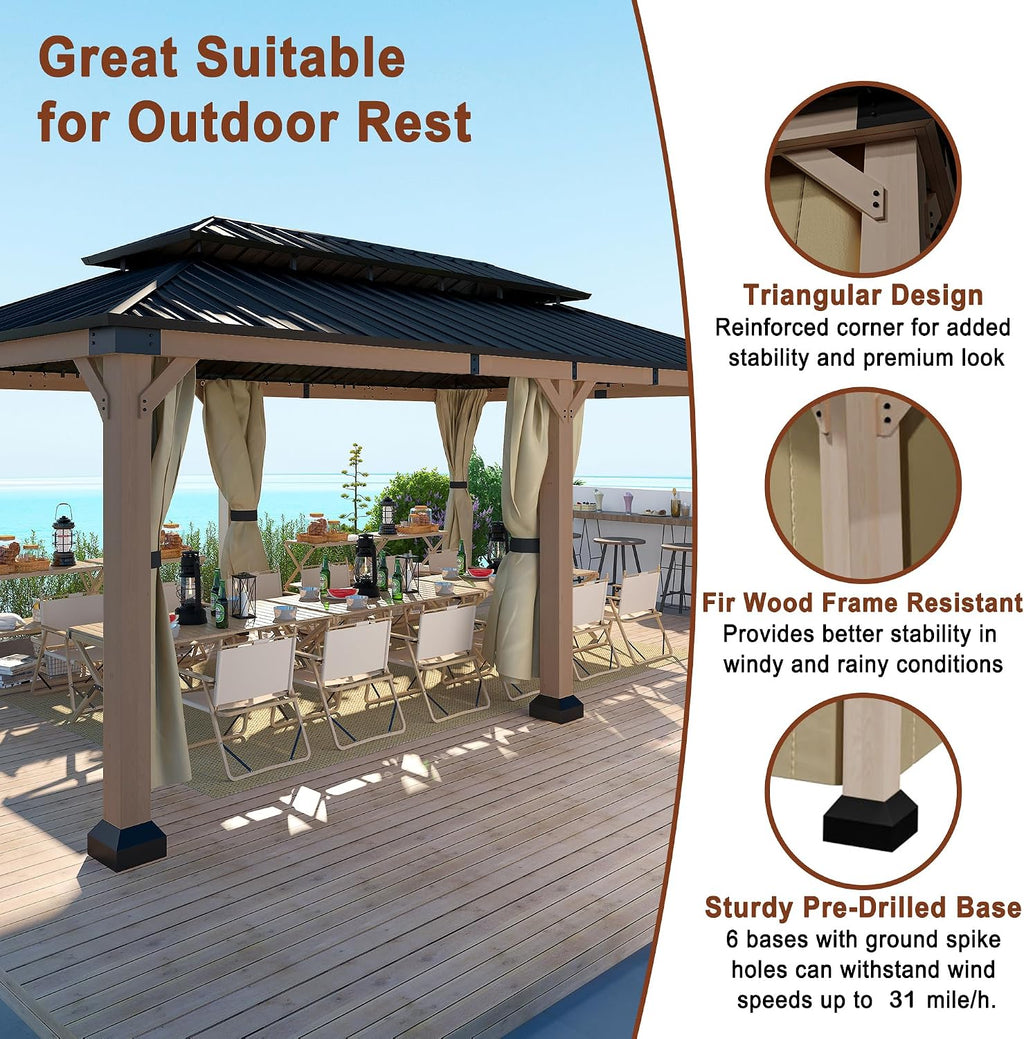 Cedar Wood Gazebo 12x20Ft Hardtop Gazebo with Curtains & Netting, Outdoor Permanent Gazebo Pergola with Galvanized Steel Double Roof Pavilion for Patio Lawn Garden