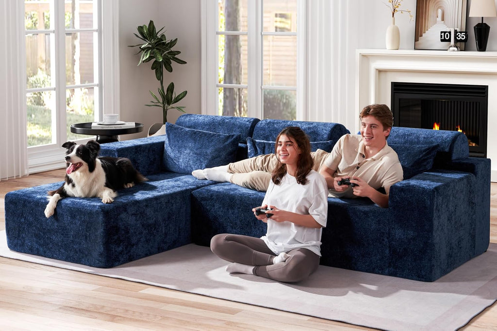 Homguava Modular Sectional Couches for Living Room,105' Cloud Couch with L-Shape Chaise,Comfy Sofa Living Room Couch with Deep Seat,No Assembly L Couch,Luxury Distressed Velvet(Blue,L)