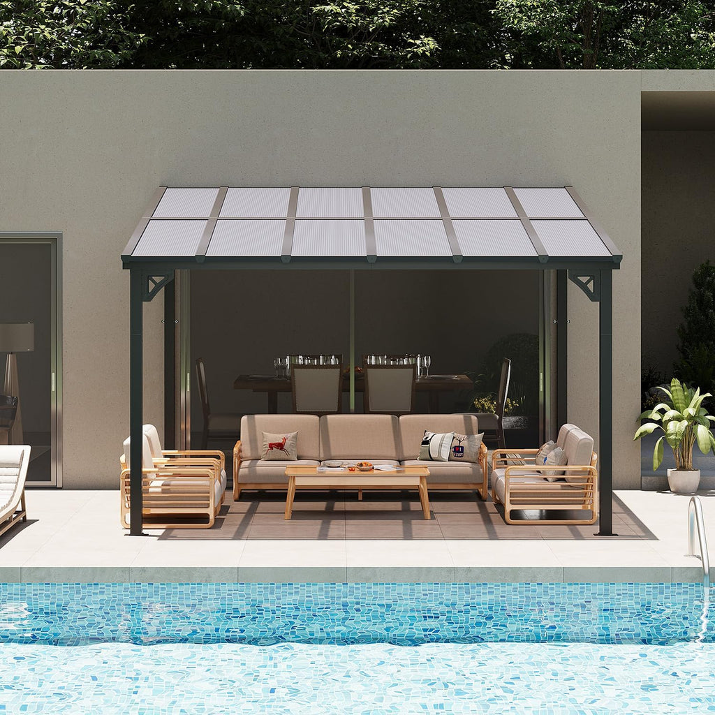 10' x 12' Outdoor Gazebo Pergola with Sloped Roof, Large Wall-Mounted Heavy Duty Awnings for Patio, Deck, and Backyard