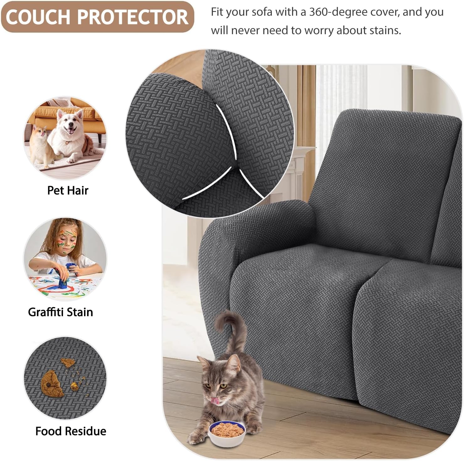 ALIECOM 100% Waterproof Recliner Sectional Couch Covers L Shape Stretch Corner Reclining Sectional Sofa Cover Washable Recliner Slipcover Protector for Dog Pet (5 Seat and 1 Console, Medium Gray)