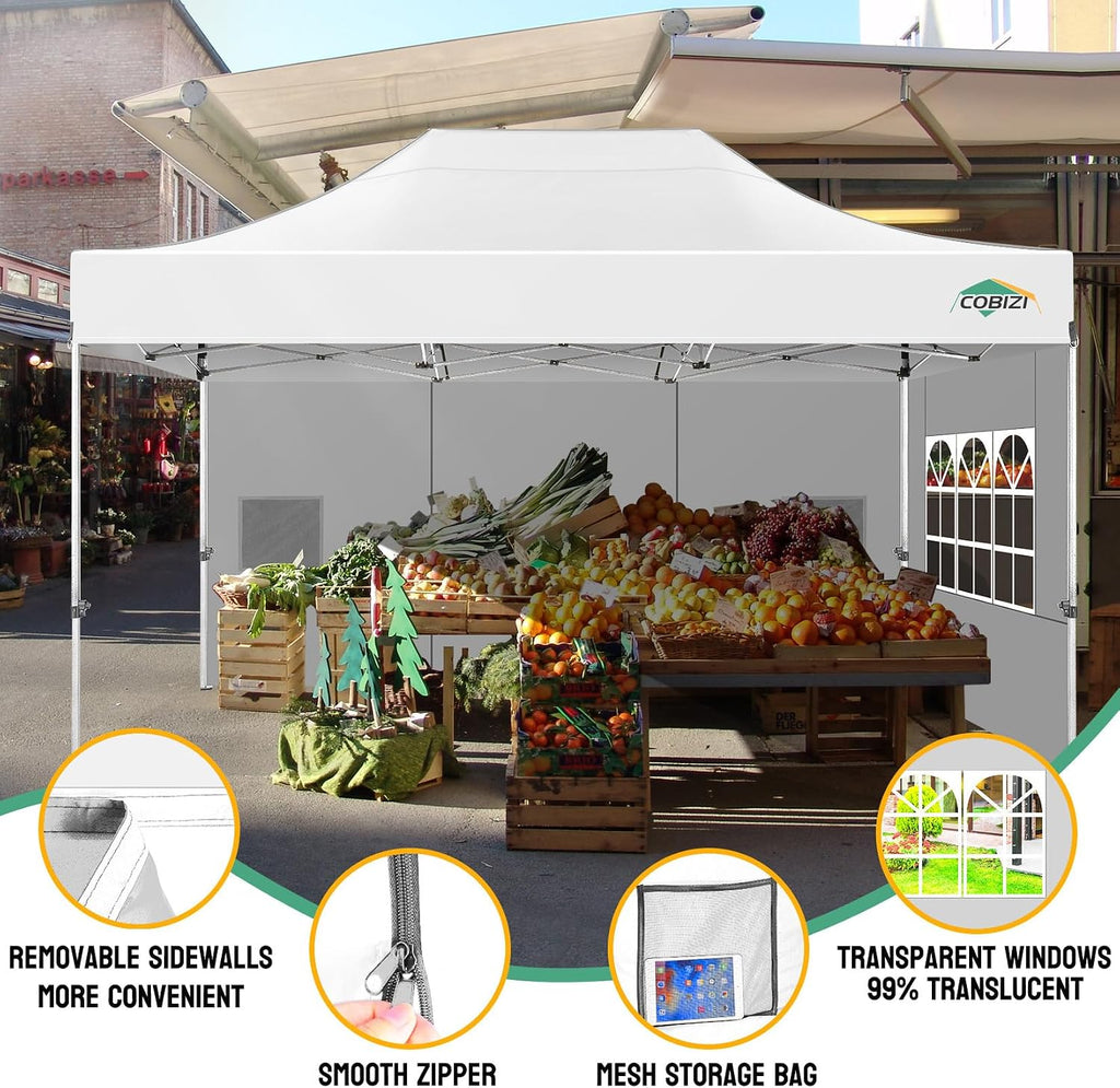 COBIZI 10x15 Heavy Duty Pop Up Canopy Tent with 4 Sidewalls Thicken Frame, Commercial Easy Up Outdoor Wedding Party Tents, All Season Waterproof Windproof with Stakes Sandbags Ropes Bag, White
