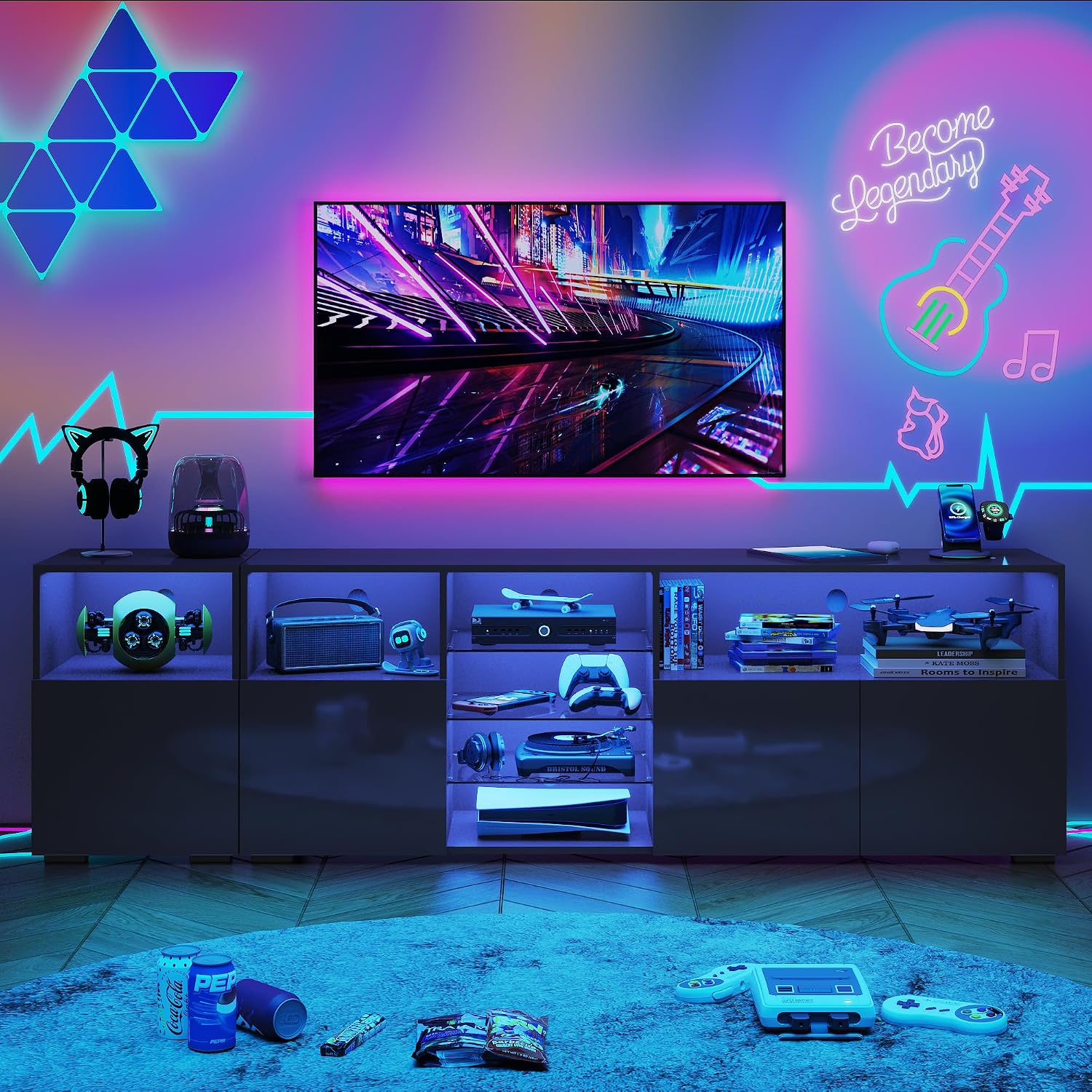 Hlivelood LED TV Stand for 85 Inch TV, Modern TV Stand with Power Outlet, High Glossy Modern TV Console Entertainment Center with Storage and LED Lights for Living Room, Bedroom, Black
