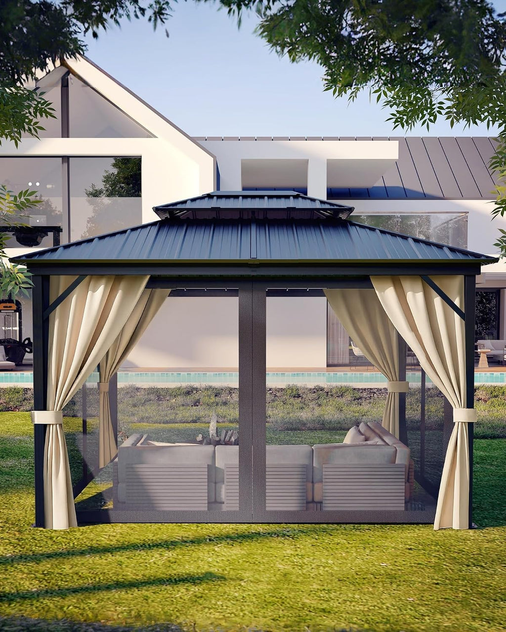 Takywep 10 x14Ft Hardtop Gazebo for All Weather, Outdoor Gazebo with Double Metal Roof, Aluminum Frame Gazebo with Net and Curtain, Heavy Duty Canopy for Patio, Deck, Backyard, Lawn, and Garden