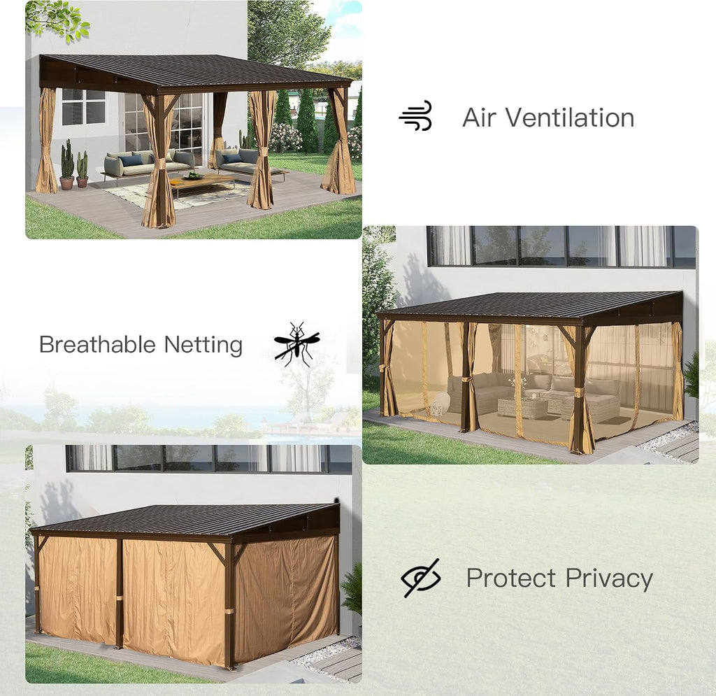 Domi 12x16FT Lean to Gazebo, Hardtop Wall Mounted Gazebo with Sloping Galvanized Steel Roof, Aluminum Frame, Drainage System, Curtains and Netting, for Patio, Deck, Garden, Backyard