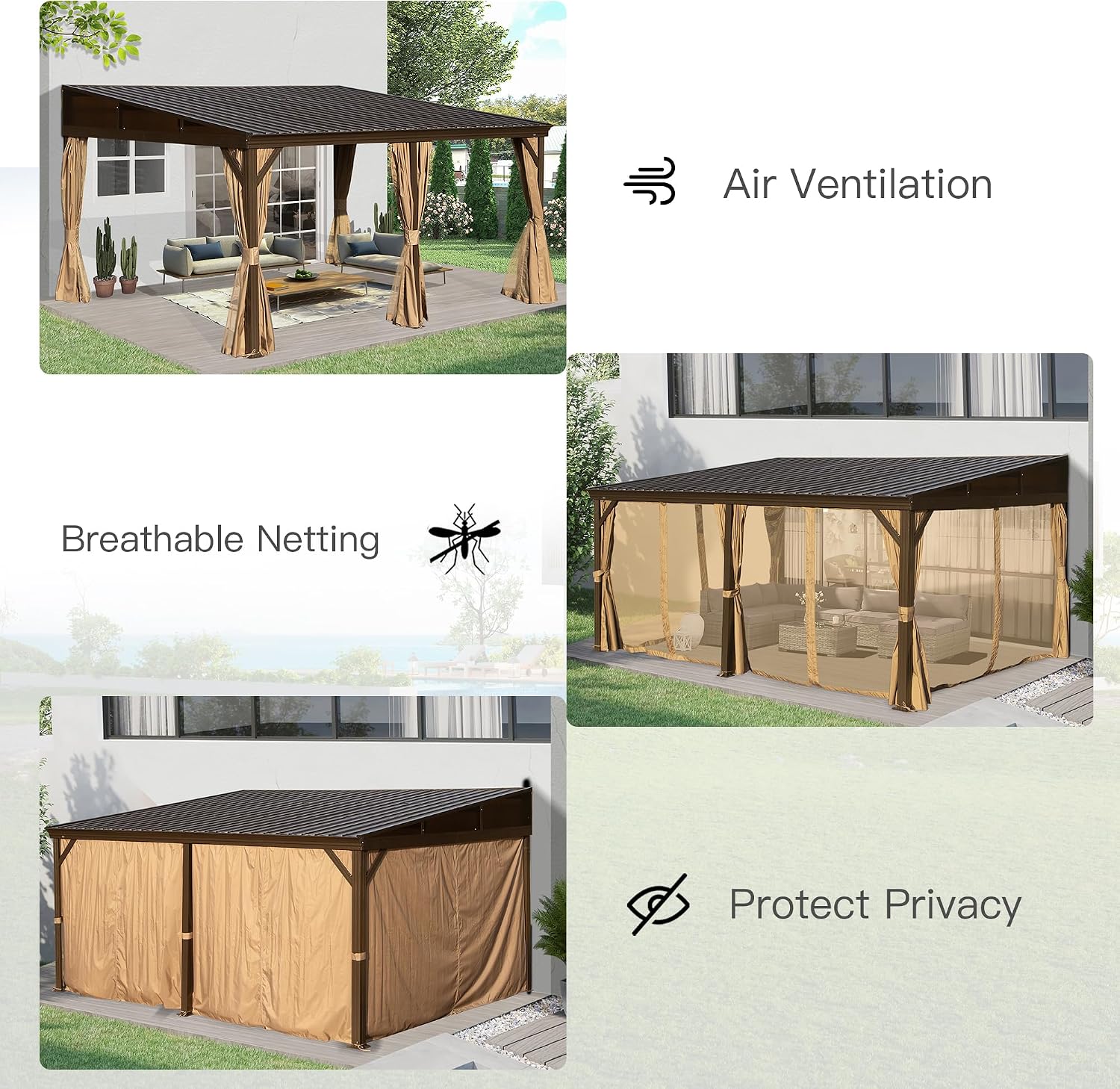 Domi 12x16FT Lean to Gazebo, Hardtop Wall Mounted Gazebo with Sloping Galvanized Steel Roof, Aluminum Frame, Drainage System, Curtains and Netting, for Patio, Deck, Garden, Backyard