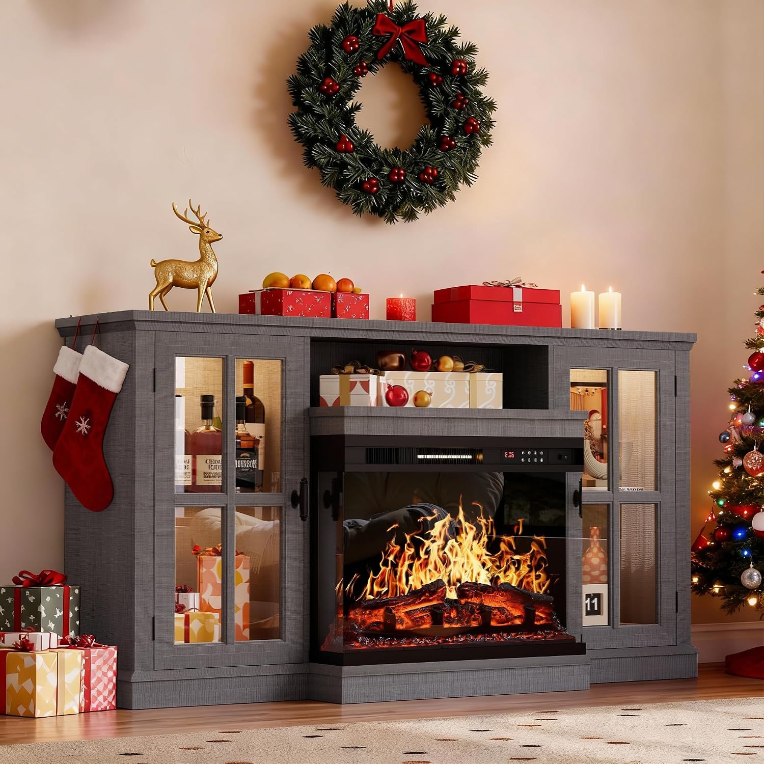 YESHOMY Glass Fireplace TV Stand for Televisions up to 65', Media Entertainment Center Console Table with Led Lights, Light Grey