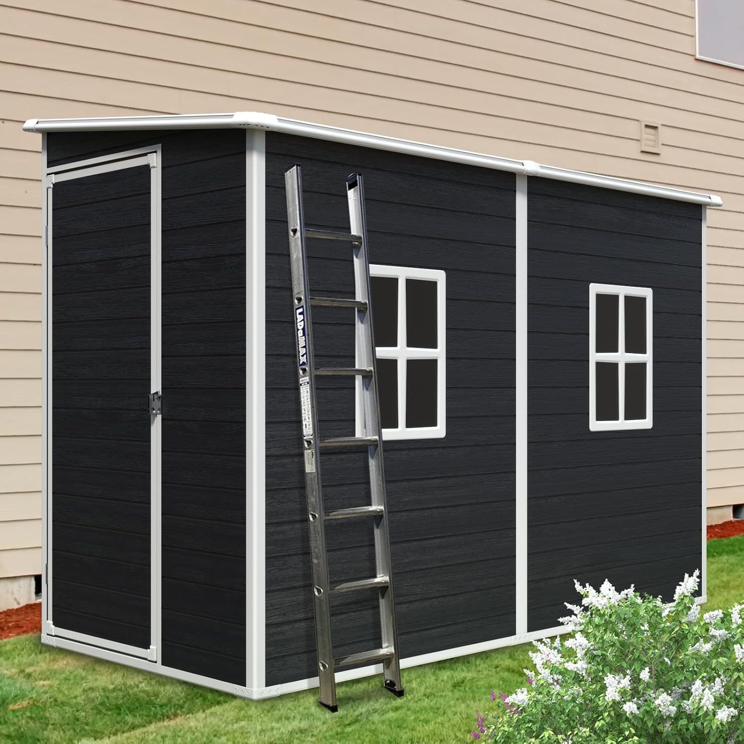 4x8 ft Outdoor Resin Storage Shed with Floor and 2 Windows, Waterproof Plastic Garden Shed with Lockable Door and Air Vents, All-Weather Tool Sheds for Backyard, Patio, Lawn (Black)