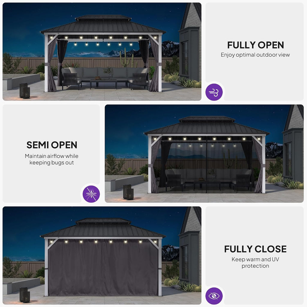 PURPLE LEAF 10' X 14' Outdoor Gazebo Galvanized Steel Double Roof White Aluminum Frame Hardtop Heavy Duty Gazebo with Curtain and Netting for Patio Garden and Backyard, Grey