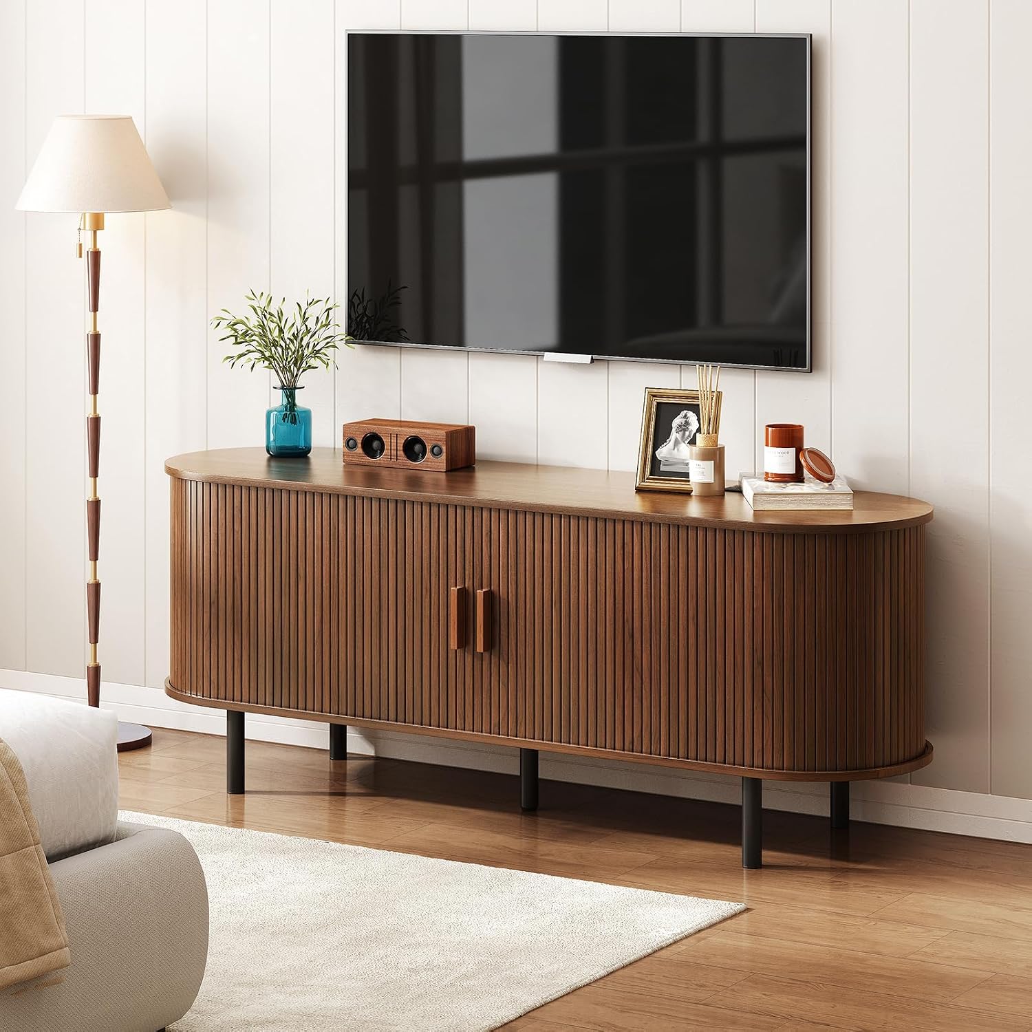 ONBRILL 55' TV Stand with Power Outlet for TVs up to 60 Inch, Entertainment Center with Storage and Adjustable Shelves, Modern Media Console with Sliding Doors for Living Room, Walnut