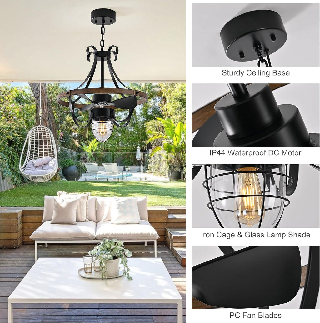 Garwarm Waterproof Outdoor Ceiling Fan with Lights and Remote,IP44 Black Outdoor/Indoor Ceiling Fans for Patios 6-Speed DC Motor, Farmhouse Gazebo Fan for Porch Pavilion