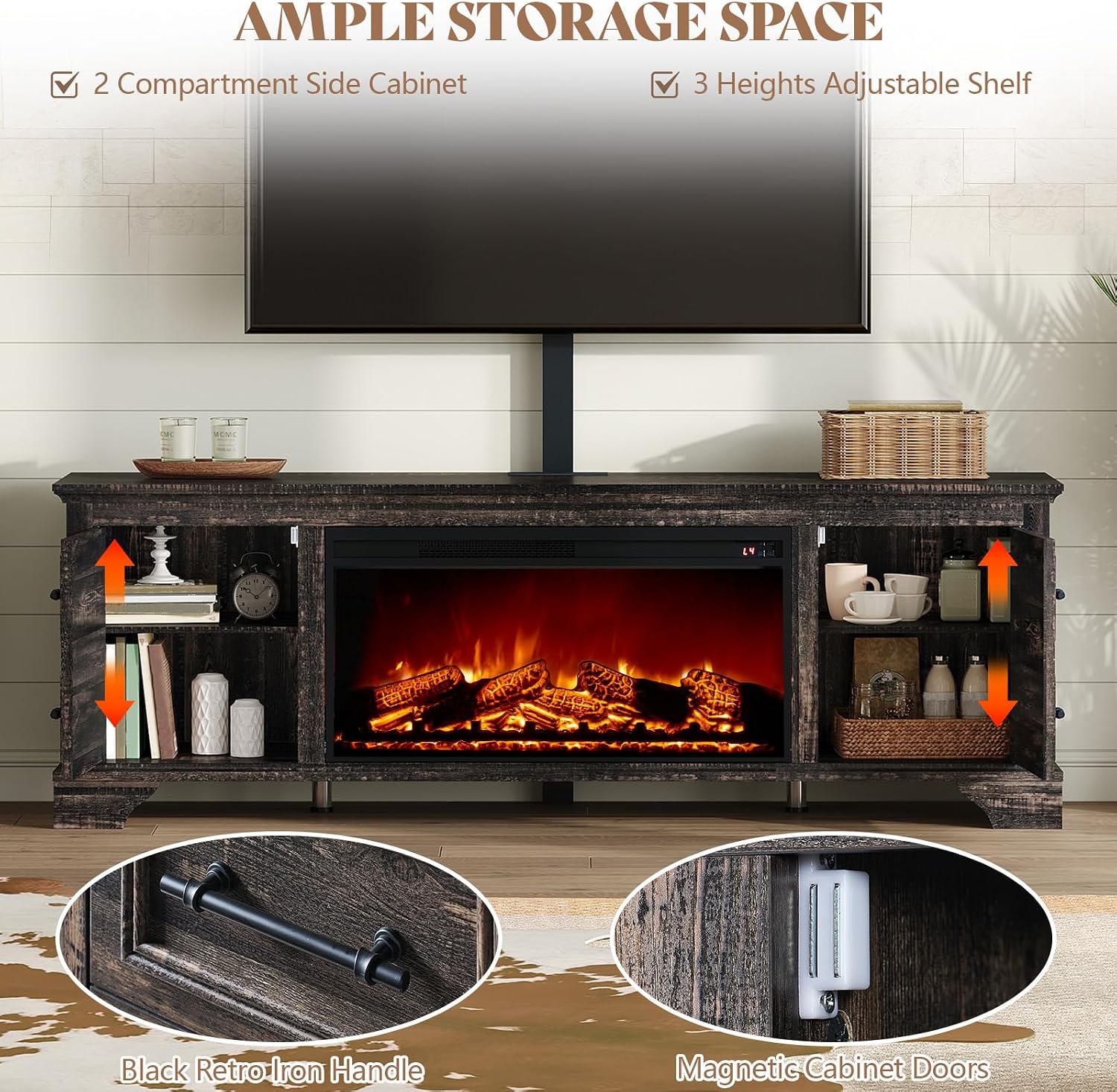AMERLIFE 70' Fireplace TV Stand with Mount, Farmhouse Entertainment Center with 30' Electric Fireplace & Power Outlets for 32 to 70 inch TVs, Black Oak
