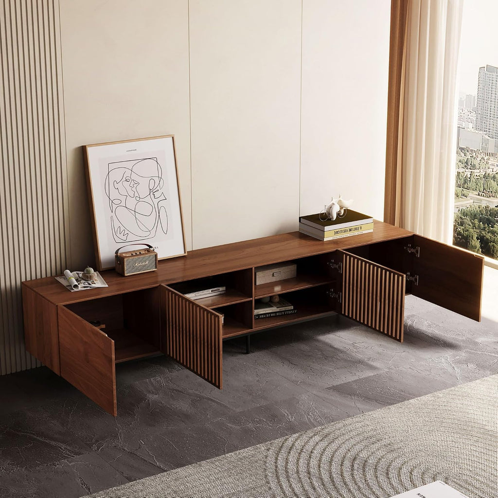 Mid Century Modern TV Stand for 80+ Inch TVs, 94.48' Walnut Console with Ample Storage – Stylish Entertainment Center for Living Room or Bedroom