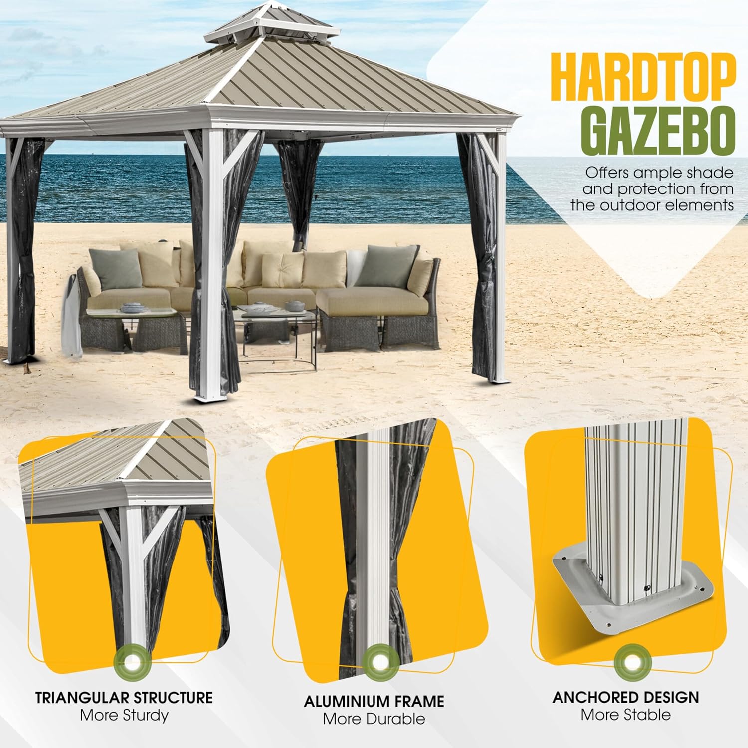 Hardtop Gazebo with Galvanized Steel Double Roof, Rustproof Aluminum Frame, Privacy Netting, and All-Weather Outdoor Shelter, Beige (12x12)