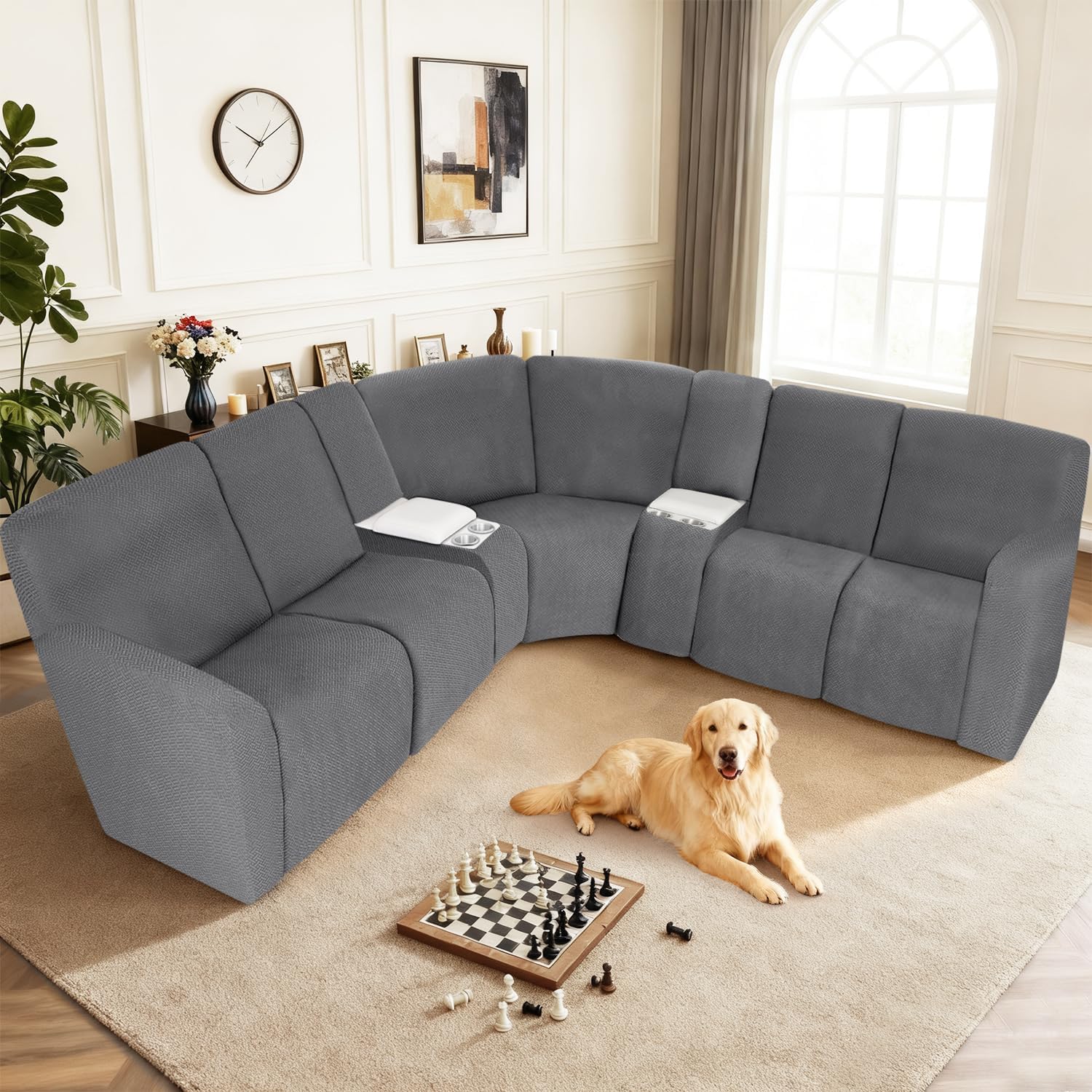 ALIECOM 100% Waterproof Recliner Sectional Couch Covers L Shape Stretch Corner Reclining Sectional Sofa Cover Washable Recliner Slipcover Protector for Dog Pet (5 Seat and 2 Console, Medium Gray)