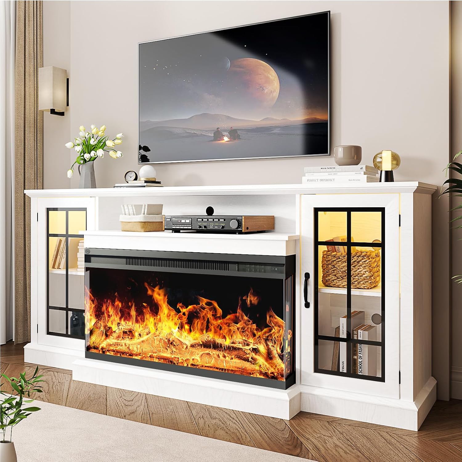 oneinmil 36 Inch 3-Sided Glass Fireplace TV Stand for TVs up to 80', Rustic Media Entertainment Center Console Table with Glass Door Closed Storage, Set of TV Table, White